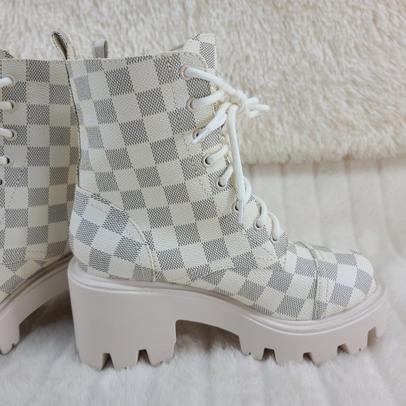 Cape Robbin Shoes - Off White Checker Pattern Platform Boots